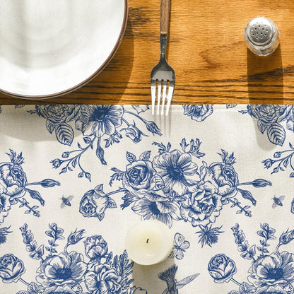 Artoid Mode Spring Navy Blue Floral Chinoiserie Table Runner, Seasonal Summer Kitchen Dining Table Decoration for Home Party Decor 13x90 Inch