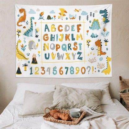 DDCBNS Cartoon ABC Alphabet Tapestry for Kids Boys Girls,Cute Dino Funny Animal Print Educational Tapestry Wall Hanging Home Décor for Study Bedroom Living Room Nursery 80" x 60"