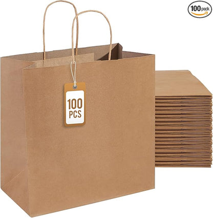 PAICUIKE 100Pcs Brown Paper Bags with Handles, Large 11x6x11 Inch Kraft Grocery Shopping & Retail Merchandise Bag, Gift Bags Bulk for Weddings, Parties, Baking