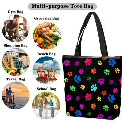 KOBLEN Dog Paw Print Canvas Tote Bag Reusable Grocery Shopping Bags for Women Beach Travel Storage Handbag with Zipper Portable Shoulder Bag
