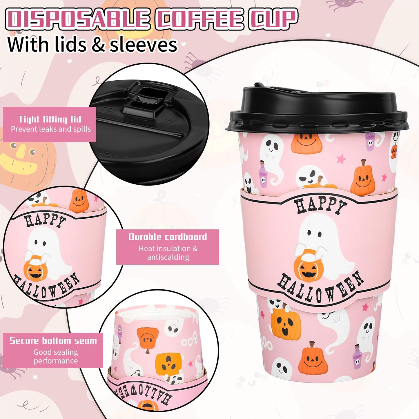 Whaline 50Pcs 16Oz Halloween Disposable Coffee Cups with Lids and Sleeves Pink Ghost Boo Pumpkin Paper Drinking Cup for Trick or Treat Birthday Party Supplies