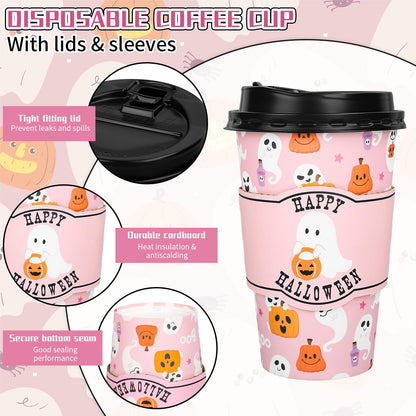 Whaline 50Pcs 16Oz Halloween Disposable Coffee Cups with Lids and Sleeves Pink Ghost Boo Pumpkin Paper Drinking Cup for Trick or Treat Birthday Party Supplies