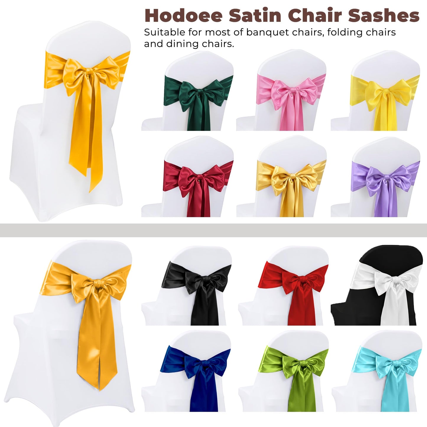 Hodoee 50 PCS Gold Satin Chair Sashes Bows Universal Chair Ribbon Ties Back Sash for Wedding Party Banquets Event Chair Cover Decoration(Gold, 7x108 inch)