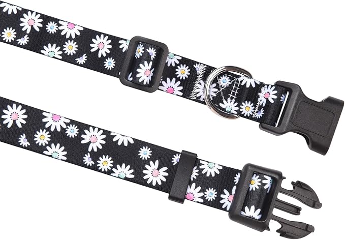 MarukoPet Dog Collar and Leash Set, Adjustable for Small Medium Large Dogs Puppy, Cute Design with Bohemia Floral Tribal Geometric Patterns Boys Girls Dog Collar(Black Daisy Set,L)