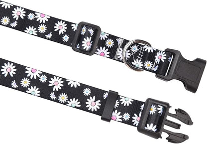 MarukoPet Dog Collar and Leash Set, Adjustable for Small Medium Large Dogs Puppy, Cute Design with Bohemia Floral Tribal Geometric Patterns Boys Girls Dog Collar(Black Daisy Set,L)