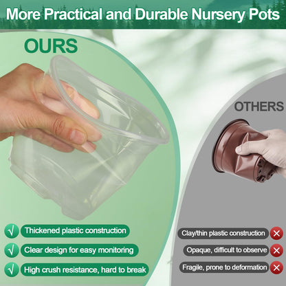 Modacraft 26 Pack Clear Plastic Nursery Pot for Plants with Saucers, 2 Garden Tools and 30 Labels, Variety Clear Nursery Planter with Drainage Holes for Indoor Outdoor (3.1/3.5/3.9/5.1/5.9/7.1 inch)