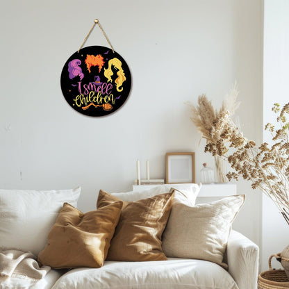 Witches Halloween Decorations For Home - I Smell Children, Welcome Sign for Front Door, Home Outside Inside Decor Wood Sign, Haunted House Halloween Party Wall Door Wreath/04