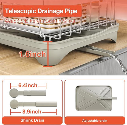 2-Tier Dish Drying Rack for Kitchen Counter, 304 Stainless Steel Dish Rack with Adjustable Drainboard, Removable Utensil Holder & Water Tray, Grey