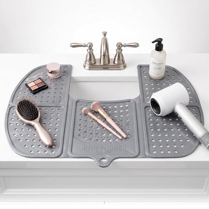 Sink Topper Bathroom Counter Cover & Storage Saver, Foldable Silicone Mat for Hot Tools, Hair Styling & Makeup, Beauty Brush Cleaning Mat, RV Camper Sink Cover & for Small Spaces (Large Silver)
