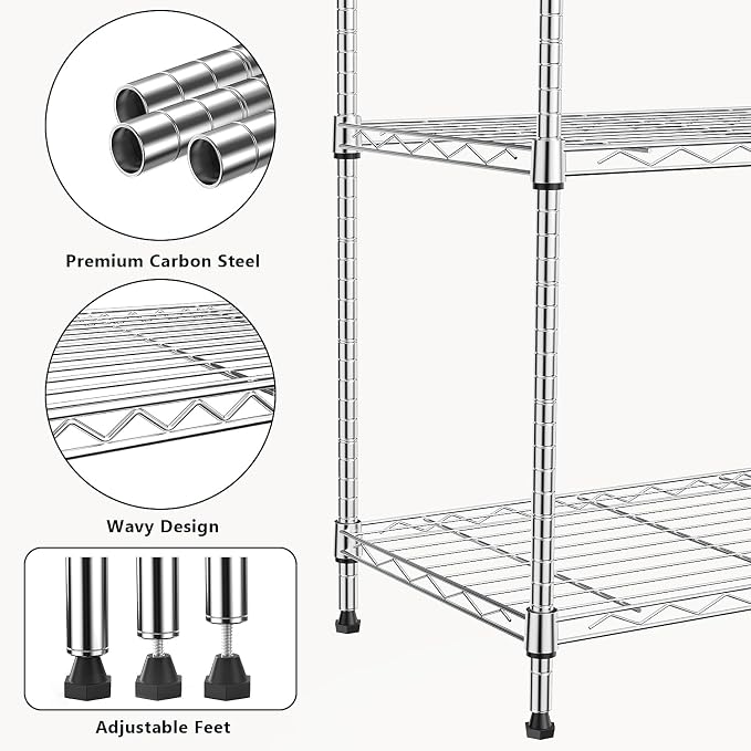 M MZG 1000 lbs 4Tier Shelf Metal Storage Shelves Wire Rack Closet Organizers with Wheel for Garage Kitchen Bathroom Laundry Chrome 13.7" D x 23.6" W x 53.4" H