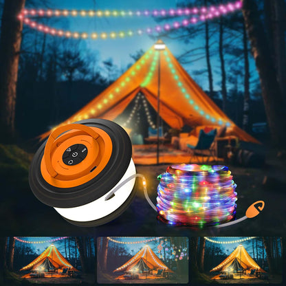 TOHETO Camping String Lights, 3 in 1 Upgraded Retractable RGB Outdoor String Lights with 19 Lighting Modes,Quick 30s Recovery, 32.8 FT Portable Tent Lights, Rechargeable Camping Lantern (Black&Orange)