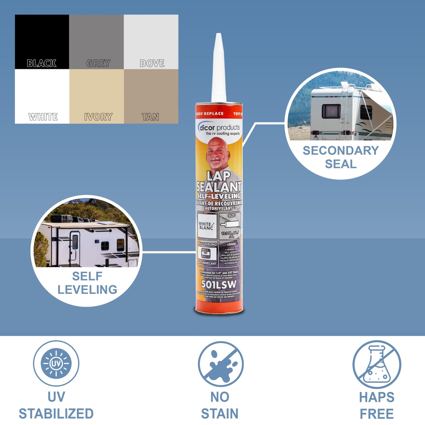 Dicor 501LSW-1 HAPS-Free Self-Leveling Lap Sealant for horizontal surfaces - 10.3 Oz, White, Secure, Ideal for RV Roofing, Maintenance, Repair, Appliance Application