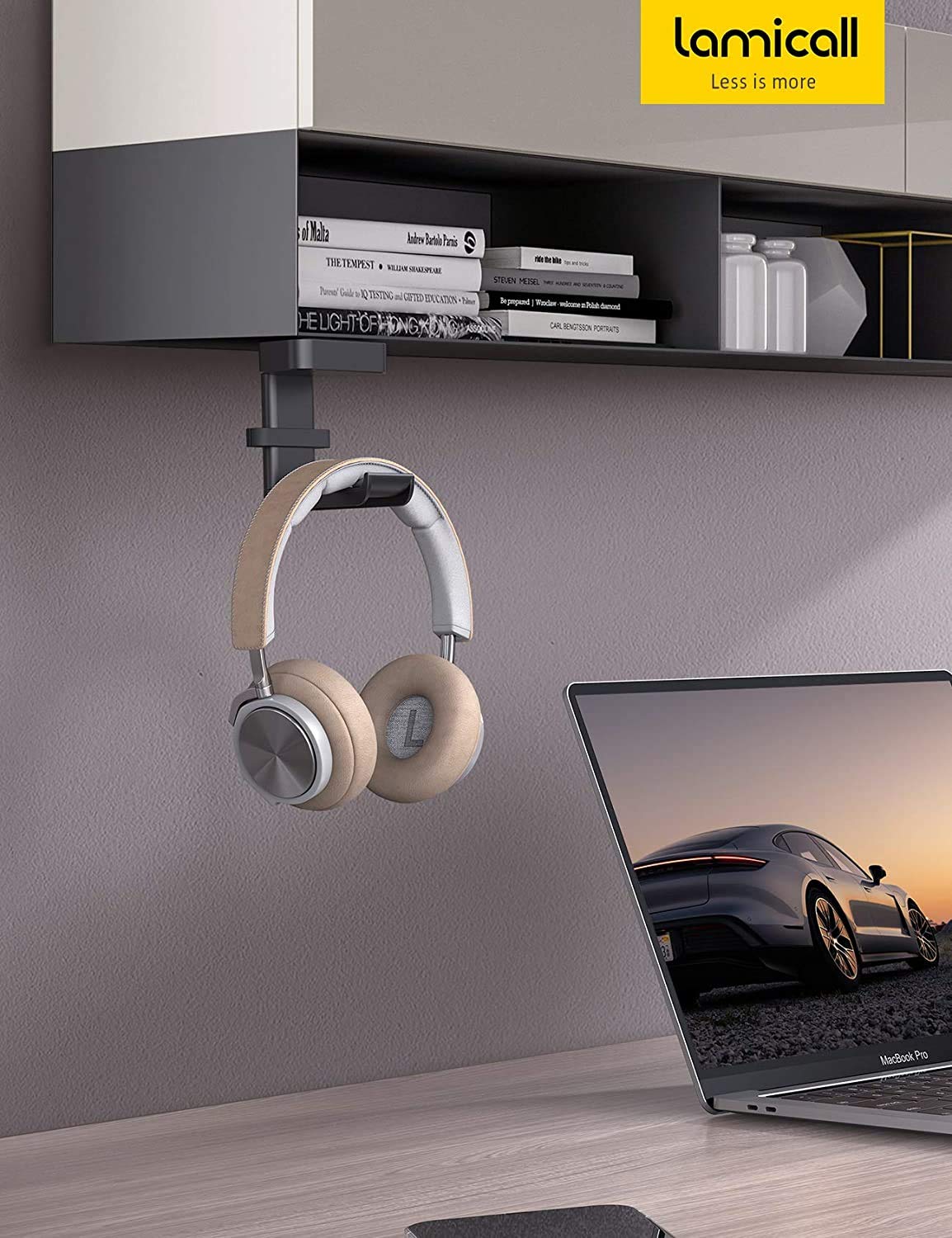 Lamicall Headphone Stand, Headset Hanger - 360 Degree Rotation Earphone Hook Holder Mount, Table Headphone Stand with Cable Organizer, Gaming Headset Clamp for HyperX, Razer, Sony, Sennheiser - Black
