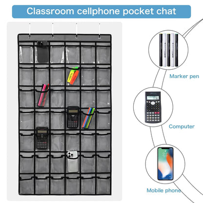 SAVERHO 42 Pocket Classroom Pocket Chart for Cell Phones and Calculator,Clear Cellphone Pocket Chart for Classroom with Number Sticker and hooks (Grey-42 Pockets)