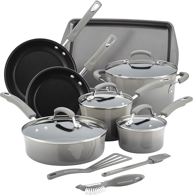 Rachael Ray Cookware Classic Brights Hard Enamel Aluminum Nonstick Cookware Set, 14-Piece, Sea Salt Gray
