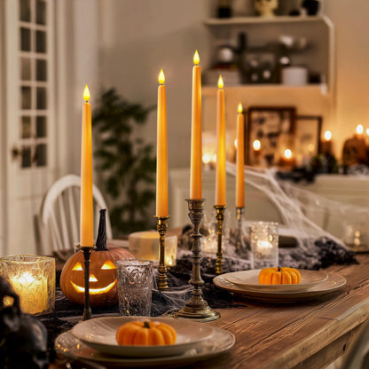 Homemory 12 Pcs Flameless Taper Candles with Remote Timer Dimmer, 11 inches Orange Taper Candles Battery Operated, Plastic LED Candlesticks with Flickering Flame for Halloween Decoration