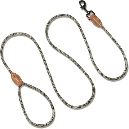 Mile High Life Small Dog Leash, Thin Rope Leash with Genuine Leather Connection and Heavy Duty Metal Clasp, Great for Small Medium Dogs(White,72 Inch-1/3)