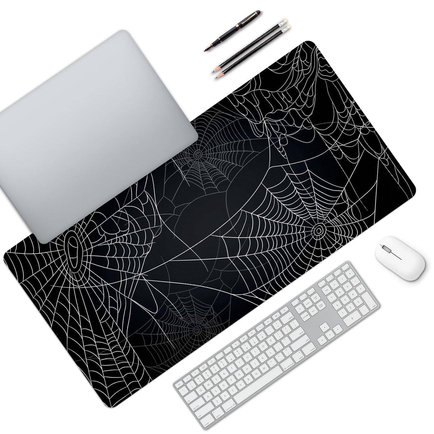 MAYCARI Halloween Cute Spider Webs Mouse Pad Kawaii Cartoon Funny Spirit Extended Desk Mat Non-Slip Rubber Baseb Large Black White Mousepad for Desk Gaming Laptop Desktop 31.5"X15.7"