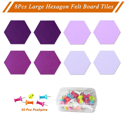 HULAVO Large Hexagon Felt Cork Board Tiles, Self Adhesive DIY Felt Bulletin Board Pin Board with 35 Pushpins for Office School Home Wall Decor Stickers Memos Photos Display(Gradual Purple)