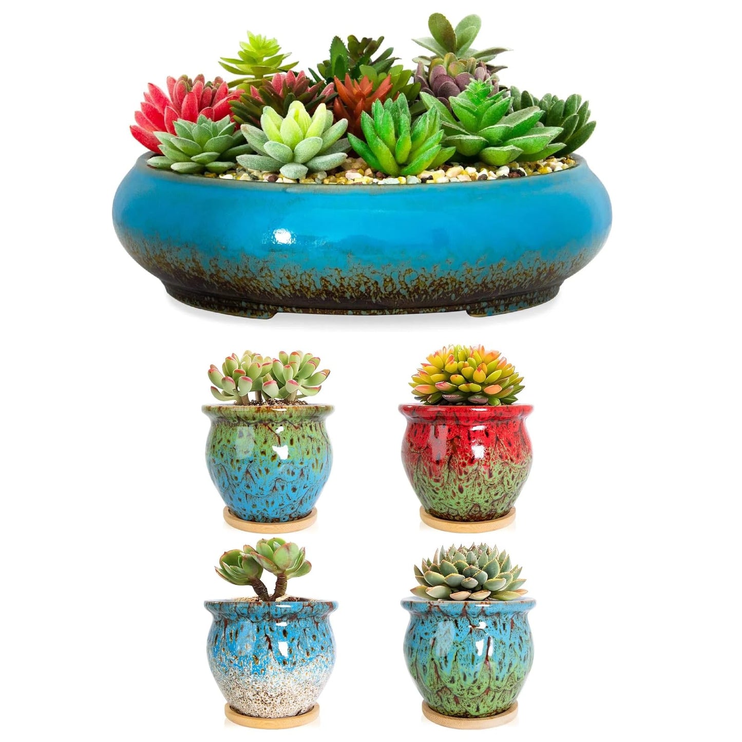 ARTKETTY Succulent Pots - 4 Pack Small Plant Pots with Drainage Tray, Large Ceramic Bonsai Pots Shallow Planters for Indoor Plants Colorful Cactus Flower Planter, Gifts for Women
