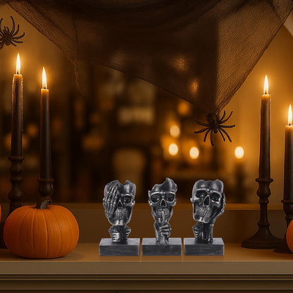 Don't Look, Don't Hear, Don't Speak Skeleton 3-Piece Set Statues Halloween Skeleton Decorative Statues Gothic Style Suitable for Living Room Coffee Tables, Offices, TV Cabinets, Bookshelf Decor