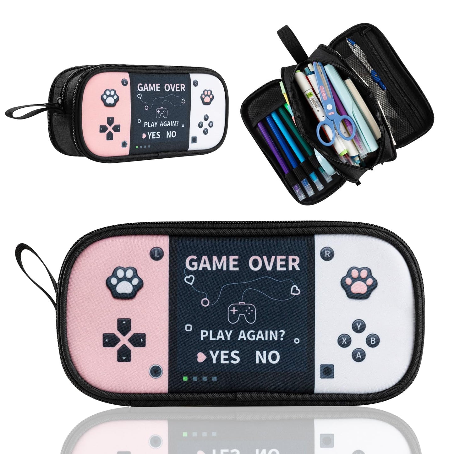 Easozoom Large Game Controller Pencil Case for Teen Girl Kid Capacity Pen Box Pouch Organizer Holder Bag with 3 Compartments & Zipper School College Office Supplies (1PCS Pencil Case) (Pink&White)