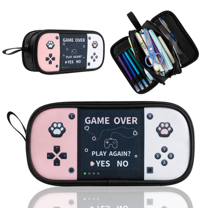 Easozoom Large Game Controller Pencil Case for Teen Girl Kid Capacity Pen Box Pouch Organizer Holder Bag with 3 Compartments & Zipper School College Office Supplies (1PCS Pencil Case) (Pink&White)