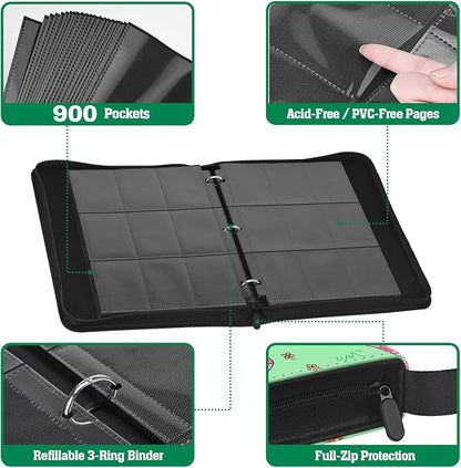 Cute Frog & Mushroom 9-Pocket Trading Card Binder Album, 900 Card Zipper Binder with 50 Removable Sleeves, Refillable 3-Ring Card Book for MTG, TCG and Sports Cards, Fits 2.5" x 3.5" Cards