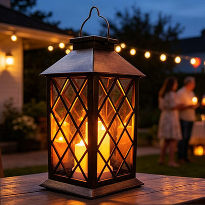 Solar Outdoor Lantern, Garden Hanging Waterproof Lanterns PVC Upgrade 3 LED Flickering Flameless Candle Decorative for Garden Women Mom Grandma Halloween Gifts (Grid Candle)