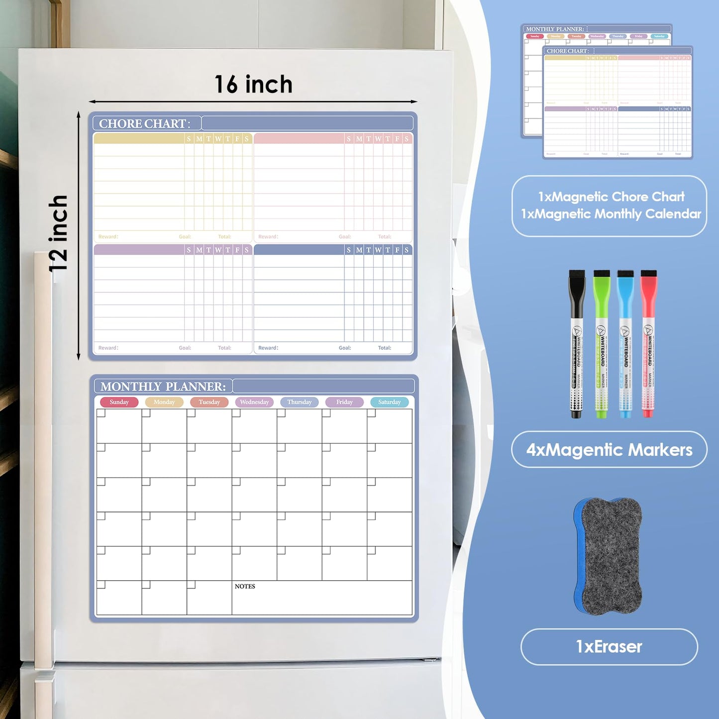 MaxGear Magnetic Calendar for Refrigerator, 16x12 Monthly Dry Erase Fridge Calendar Whiteboard with Stain Resistant Surface, No Ghosting, Reusable Planning Board with 4 Markers and 1 Eraser