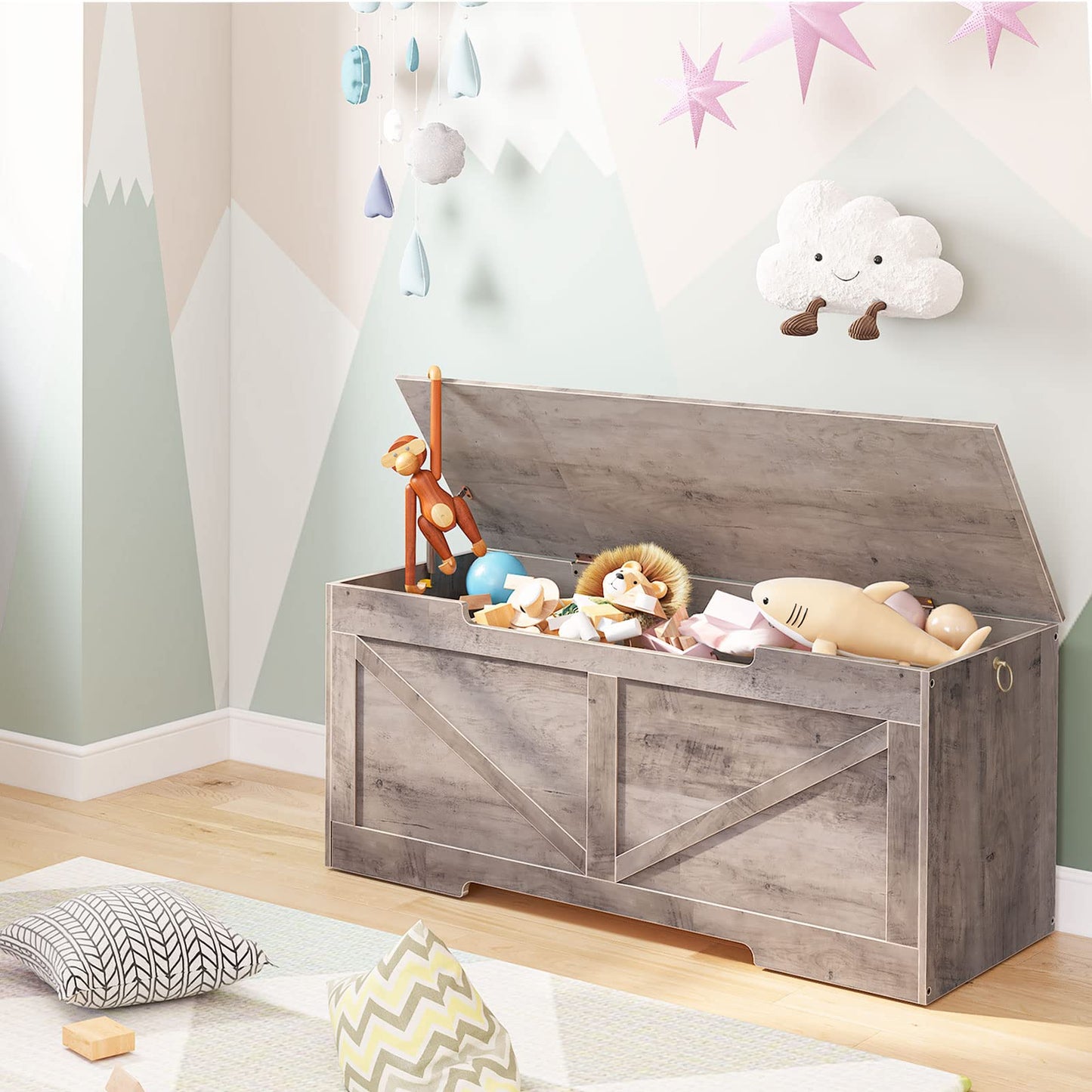 HOOBRO Storage Bench, 43.3” Retro Wooden Storage Chest with U-Shaped Cut-Out Pull, Safety Hinge, Supports 220 lb and Easy Assembly for Toy Box Organizer (Greige) BG772CW01