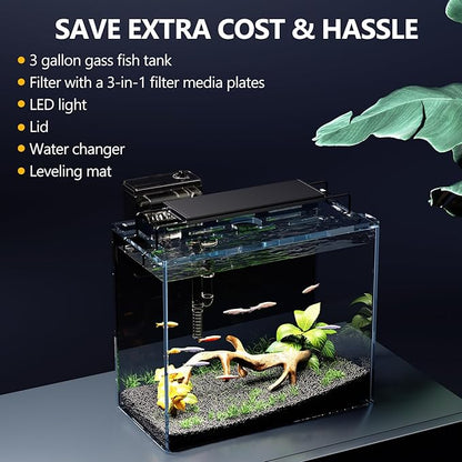 3 Gallon Fish Tank Aquarium Kit with HOB Filter, LED Light with Timer, Lid, Siphon Vacuum Cleaner, Self Cleaning Glass Rimless Betta Tank
