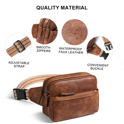 LATMAP 3L Fanny Pack Crossbody Bags for Women Men 4-Zipper Pockets Belt Bag Sling Waist Pack Faux Leather Chest Bag Purse Brown