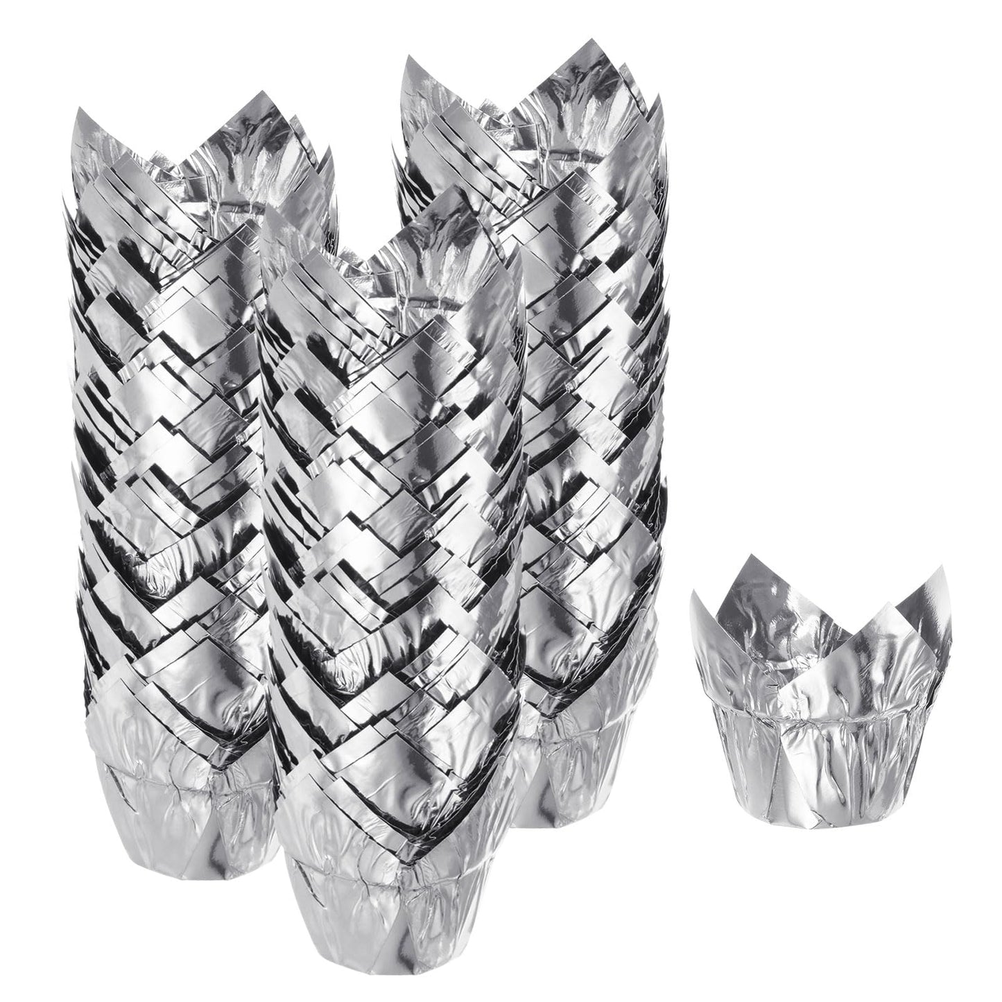 HARFINGTON 150Pcs Tulip Cupcake Liners Standard Aluminum Foil Baking Cups Greaseproof Wrappers Disposable for Birthday Banquets Party, Silver Tone