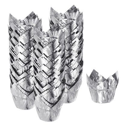 HARFINGTON 150Pcs Tulip Cupcake Liners Standard Aluminum Foil Baking Cups Greaseproof Wrappers Disposable for Birthday Banquets Party, Silver Tone