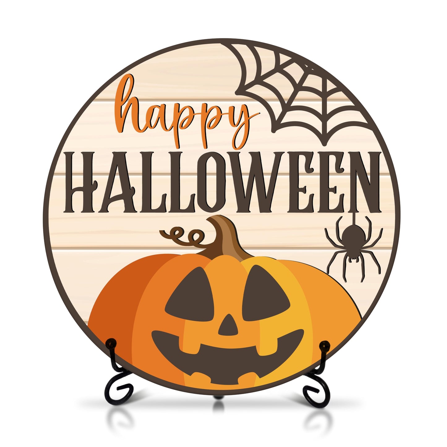 Seclate Halloween Desk Decorations for Home, Wooden Table Centerpieces 8x8 Inches with Iron Stand for Office Living Room Shelf Decor, Pumpkin Ghost Witch Design Gifts for Women Friends - E06