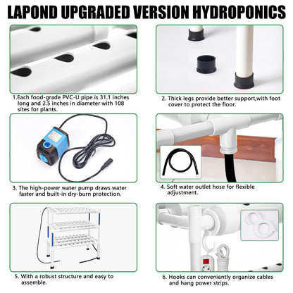 LAPOND Hydroponics Growing System Kit for Vegetables,Flowers Fruits and Herbs, with 108 Plant Sites, Suitable for Indoor and Outdoor (Upgraded Version)