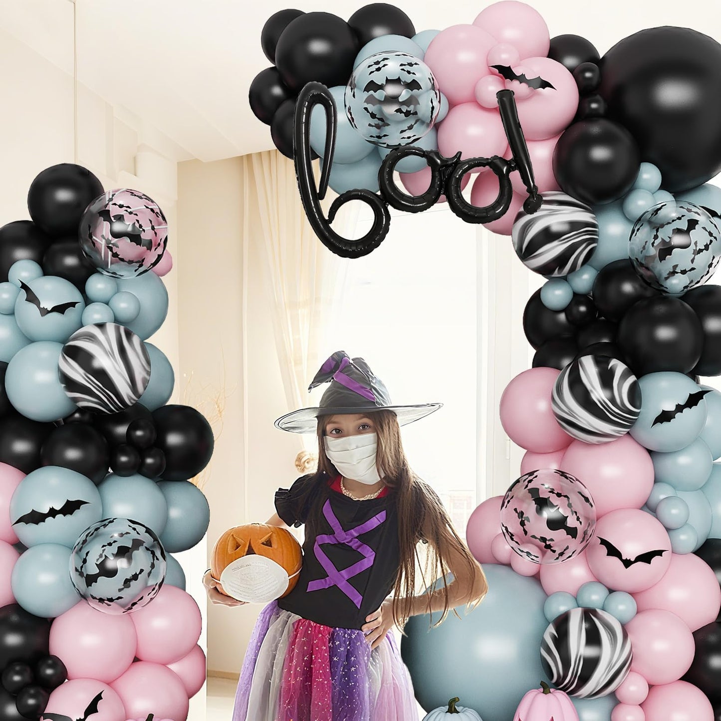 Froova Halloween Balloons Arch Dusty Pink Blue Balloon Garland Kit Boo Foil Balloons with 3D Bat Stickers for Boy or Girl Gender Reveal Night Pink Ghost Spooky One Baby Shower Birthday Party Decor