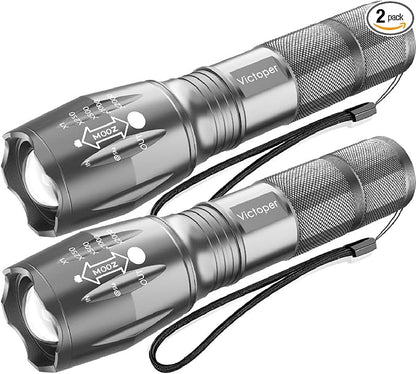Victoper LED Flashlight 2 Pack Grey, Bright High Lumens Tactical Flashlights High Lumens with 5 Modes, Waterproof Zoomable Flash Light for Outdoor, Gifts for Father's Day Camping Essentials Gear