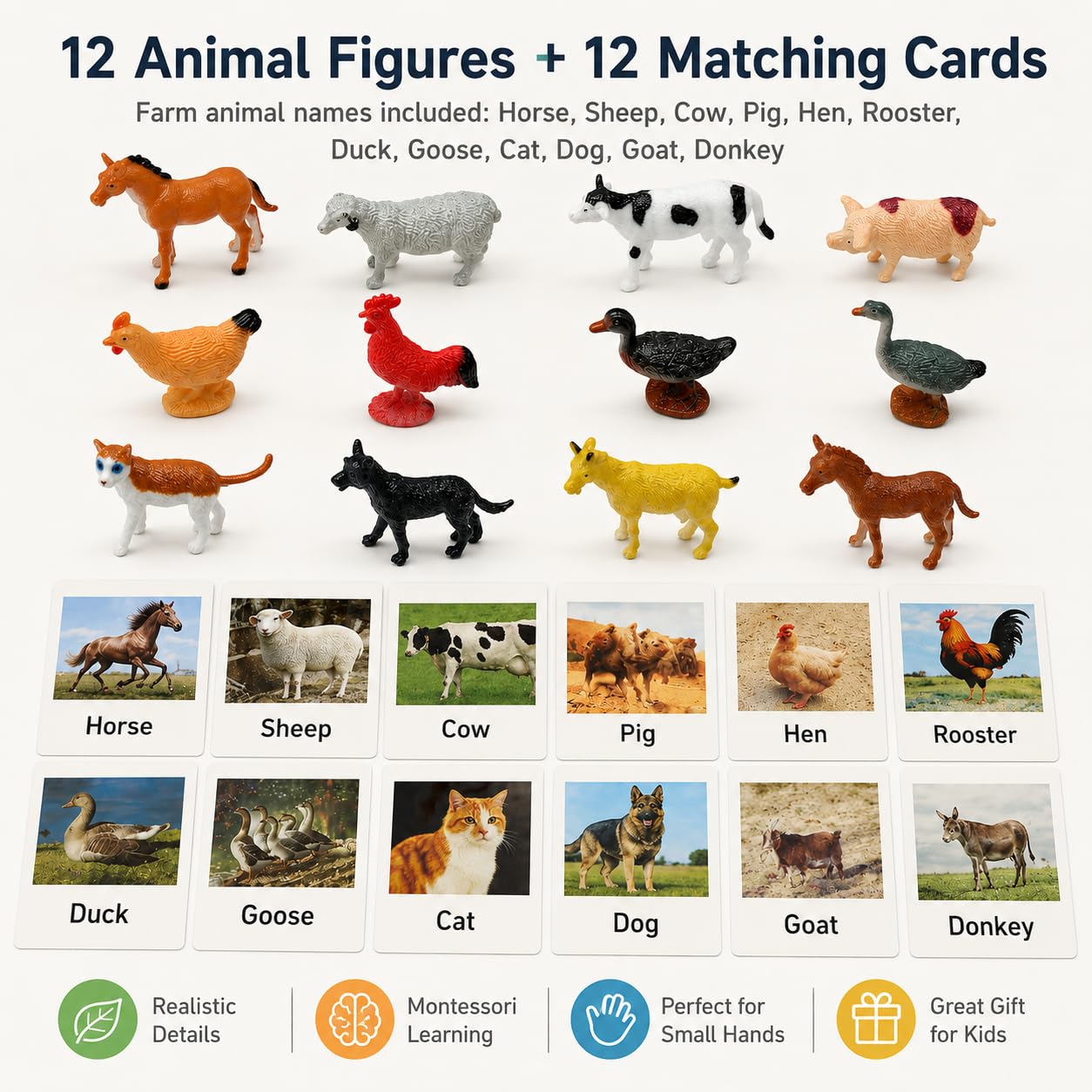 Montessori Farm Animal Matching Game, 12PCS Realistic Farm & Poultry Animal Figurines with Flash Cards, Preschool Educational Learning Toys for Toddlers Kids, Homeschool Language Sensory Toy