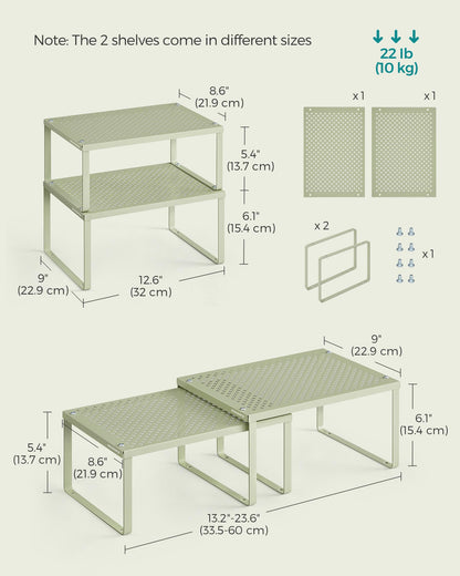 SONGMICS Spice Racks, Set of 2 Metal Cabinet Shelf Organizers, Countertop Organizers, Shelf Risers, Stackable, Expandable, Silver UKCS01SV