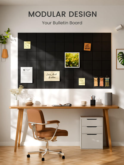 Bumusty Large Felt Bulletin Board, 48" x 36" Cork Board Alternative, 12-Pack Wall Tiles with 4-Compartment Design, 30 Push Pins, 70 Adhesive Tabs, Ideal for Office & Home Decor, Black