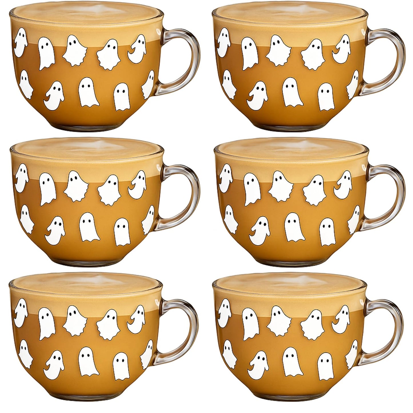 Sliner 6 Pcs Halloween Glass Coffee Mugs with Handle, 16 oz Clear Irish Coffee Mugs Halloween Ghost Footed Irish Glasses Cups for Beverages Latte Hot Chocolate(Ghost)