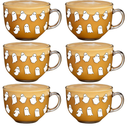 Sliner 6 Pcs Halloween Glass Coffee Mugs with Handle, 16 oz Clear Irish Coffee Mugs Halloween Ghost Footed Irish Glasses Cups for Beverages Latte Hot Chocolate(Ghost)