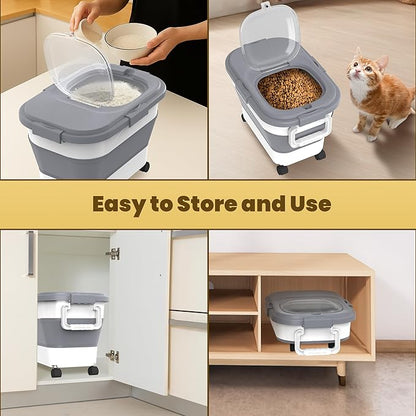 HOYTAMDA 20-30Lbs Rice Container,Collapsible Airtight Food Storage Containers with Wheels,Handle,Rice Storage Container with Small Bin and Scoop,Rice Dispenser for Flour Sugar Cereal Grain Dog Cat