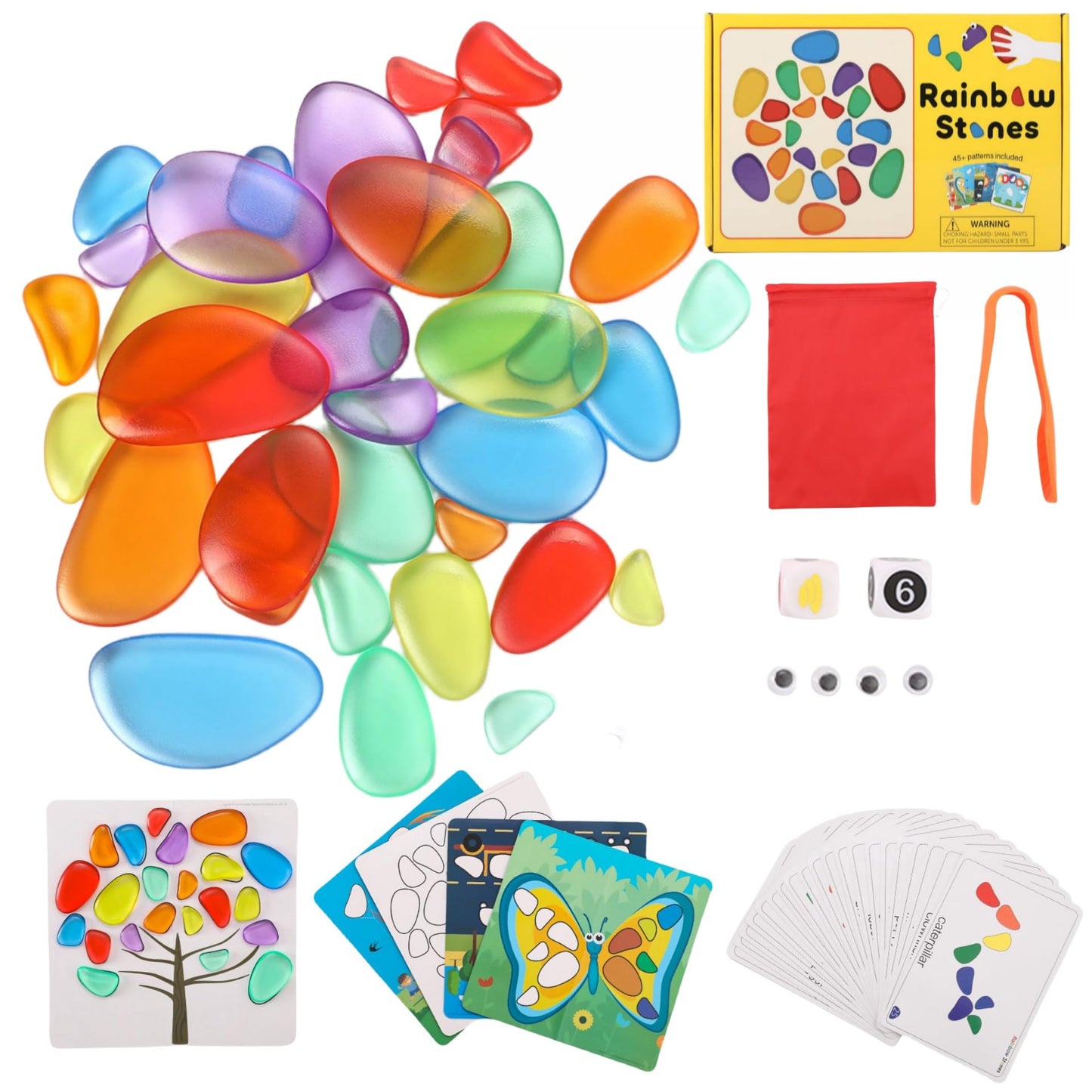 Odoorgames 36 Pcs Translucent Pebbles, Rainbow Stones,Light Table Manipulatives Preschool,Light Table Accessories, Includes 24 Activity Cards