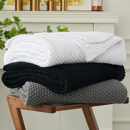 Longhui bedding Chunky Cable Knit Throw Blanket Lightweight Black 100% Organic Cotton Blanket for Sofa Couch Bed Baby Nursery, Rustic Shabby Chic Modern Farmhouse, 51” x 63” Give Laundering Bag
