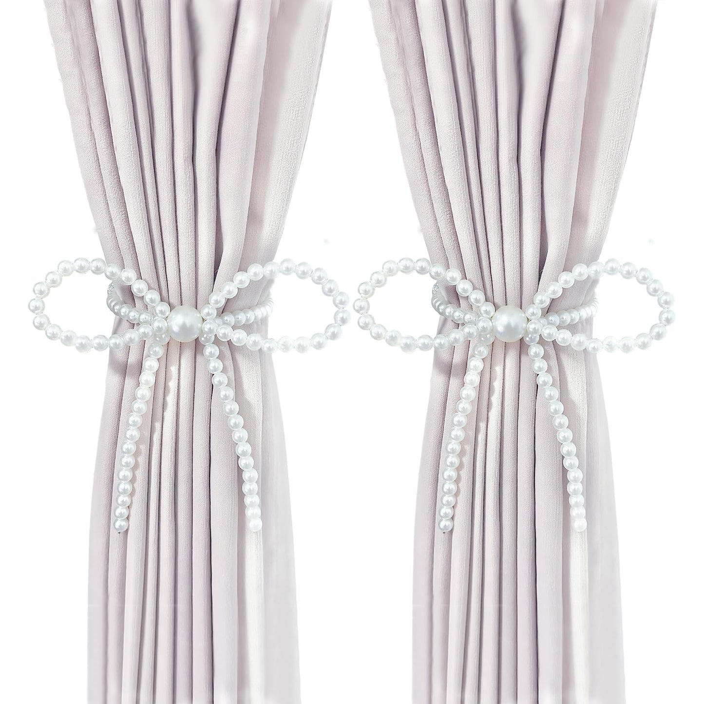 Pearl Bow Magnetic Curtain Tiebacks 2 Pack, No Drill Curtain Holdbacks with Strong Magnets, Decorative Pearl Curtain Holders for Living Room Bedroom Home Decor