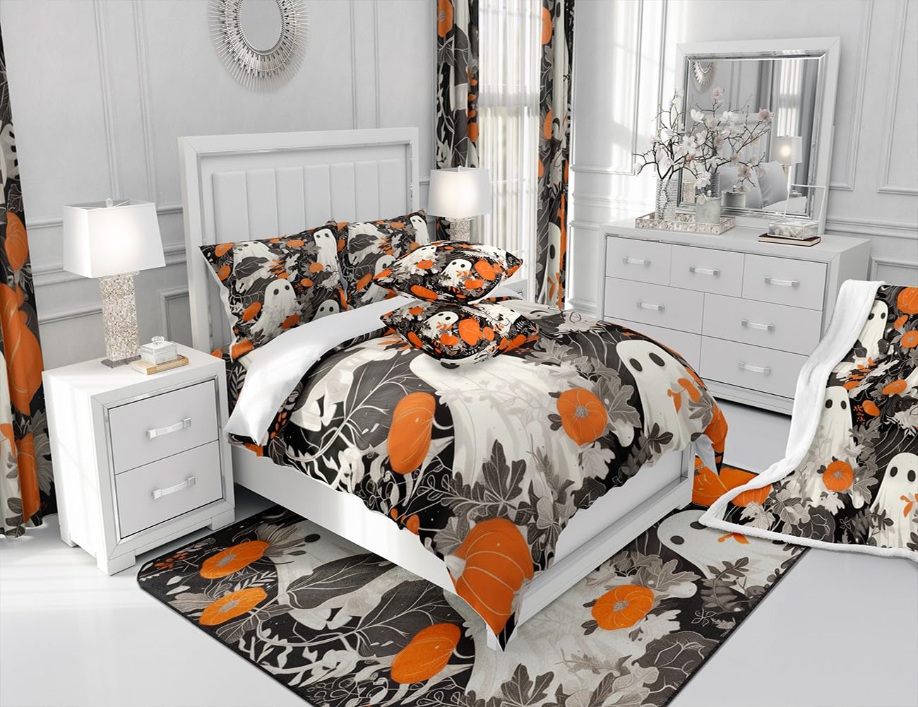 Cute Ghost Duvet Cover Queen,Happy Halloween Theme Bedding Set,Pumpkin Lantern Botanical Flower Comforter Cover,Kids Girls Boys Teens Room Decor,Autumn Retro Black White Quilt Cover,2 Pillowcases