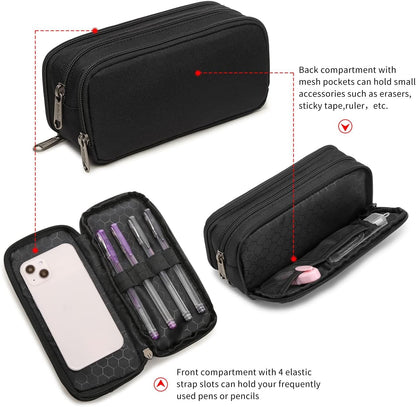 Della Gao Large Capacity Pencil Case, Aesthetic Pencil Pouch with 3 Compartments Nylon Storage Pen Bag Office Stationery Organizer for Women and Men(01-3BK)